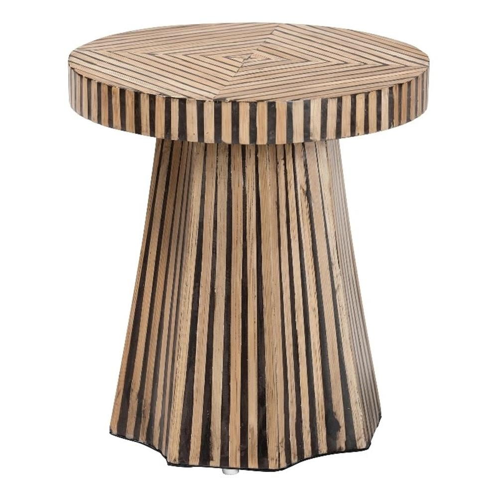 Natural and Dark Brown Bamboo Round End Table with Geometric Design