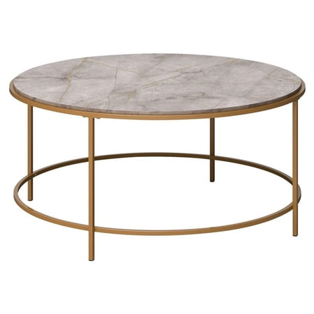 Pemberly Row Round Coffee Table with Metal Frame in Gold Satin/Deco Stone