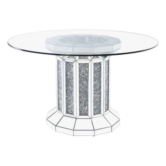 Pemberly Row Round Glass Top Dining Table with Cross Oval Base in Silver