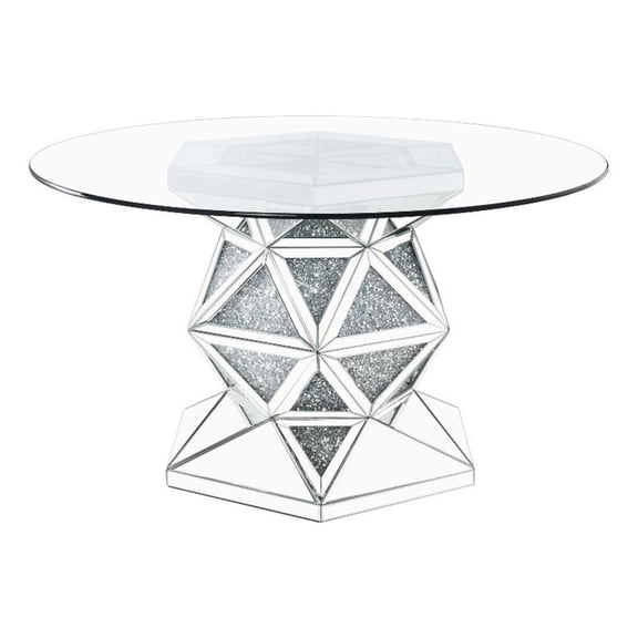 Pemberly Row Round Glass Top Dining Table with Faux Crystals Inlay in Silver