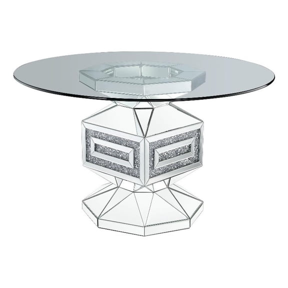 Pemberly Row Round Glass Top Dining Table with Mirrored Pedestal Base in Silver