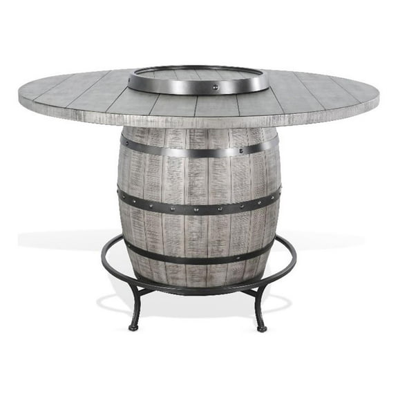 Pemberly Row Round Mahogany Pub Table with Wine Barrel Base in Gray