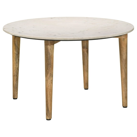 Pemberly Row Round Marble & Wood Coffee Table in White and Natural
