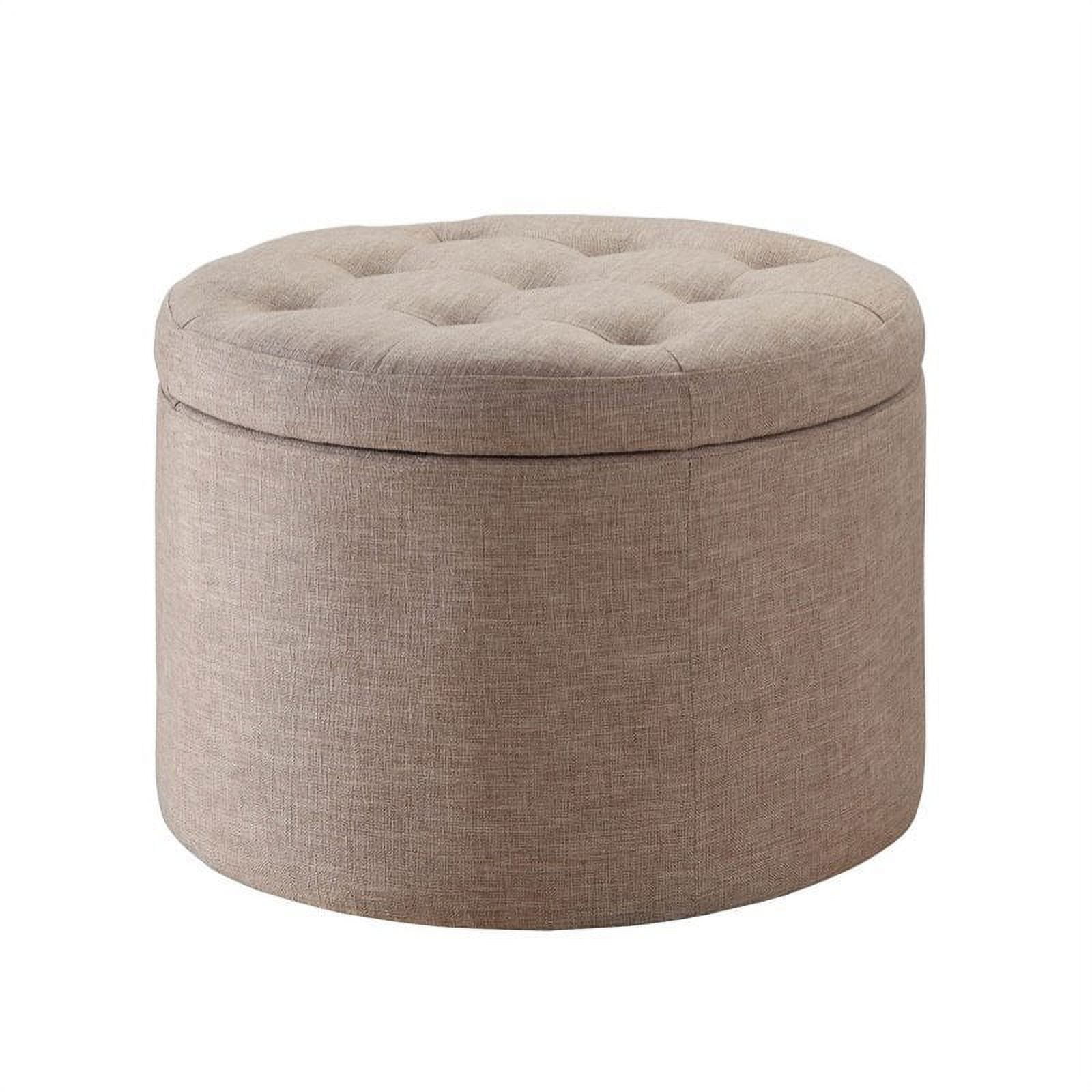 Glam Tan Tufted Round Storage Ottoman with Button Top