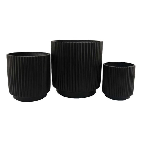 Pemberly Row Round Planter Set of 3 in Ribbed Texture Black Resin - 16/12/9 Inch