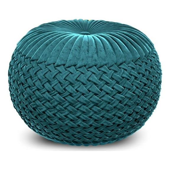 Pemberly Row Round Pouf in Teal Green Velvet Fabric with Woven Details