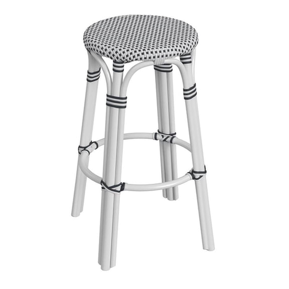 Pemberly Row Round Rattan 30" Bar Stool - White And Black Dot