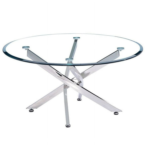 Pemberly Row Round Tempered Glass Coffee Table in Silver Chrome