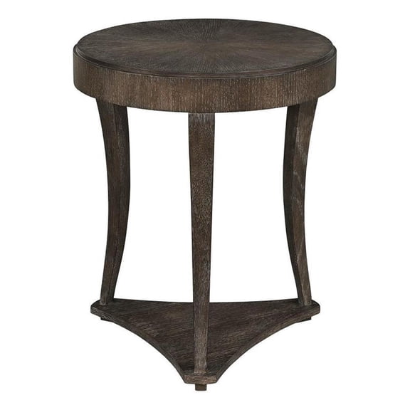 Pemberly Row Round Travertine Top Side Table in Rich Cocoa Oak