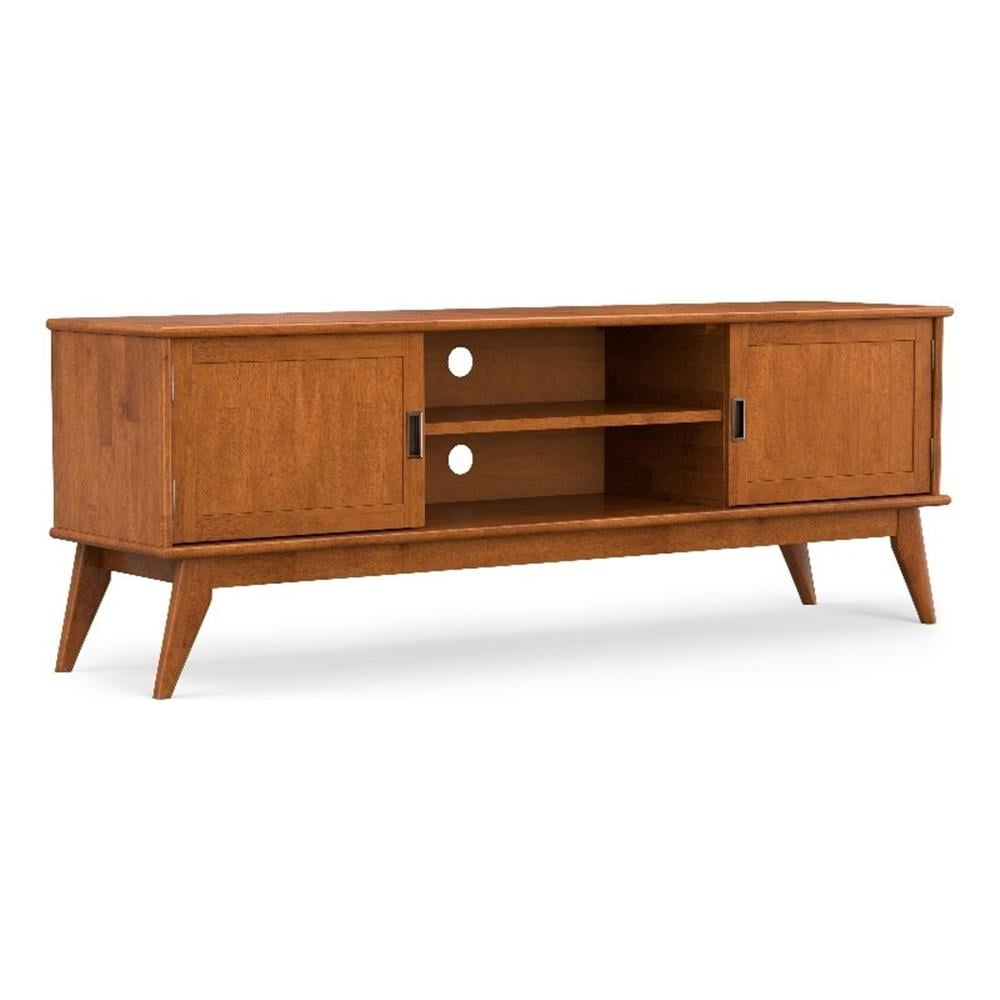 Teak Brown Solid Hardwood Mid Century Modern TV Stand with Cabinets