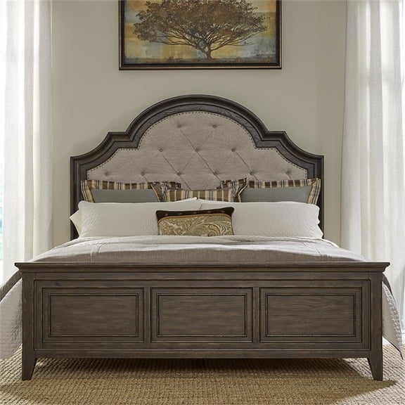 Pemberly Row Saddle Brown King Upholstered Bed with Arched Crown Detail