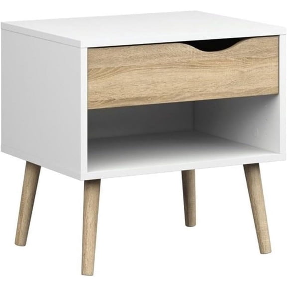 Pemberly Row Scandinavian Look Nightstand with Round, Flared Legs in White and Oak