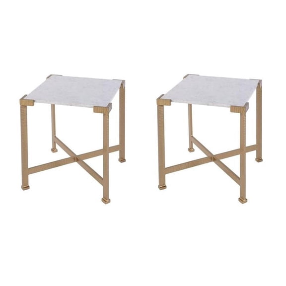 Pemberly Row Set of 2 18"W Square Iron in Marble Side Tables in White & Gold