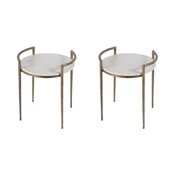 Pemberly Row Set of 2 19" Round Marble and Iron Side Tables in Ivory