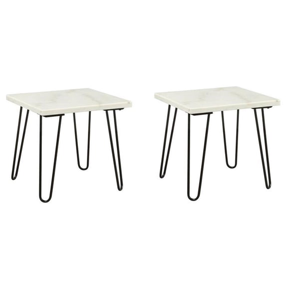 Pemberly Row Set of 2 22" Square Marble Top End Tables in White and Black