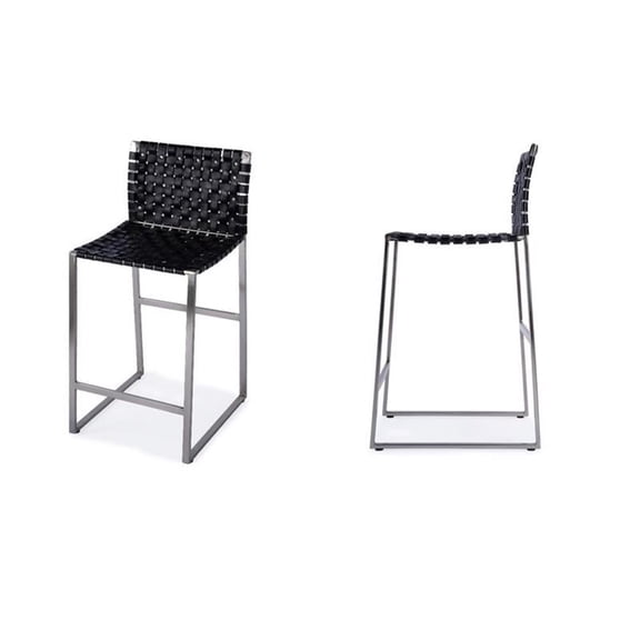 Pemberly Row Set of 2 25" Woven Leather Counter Stools In Black