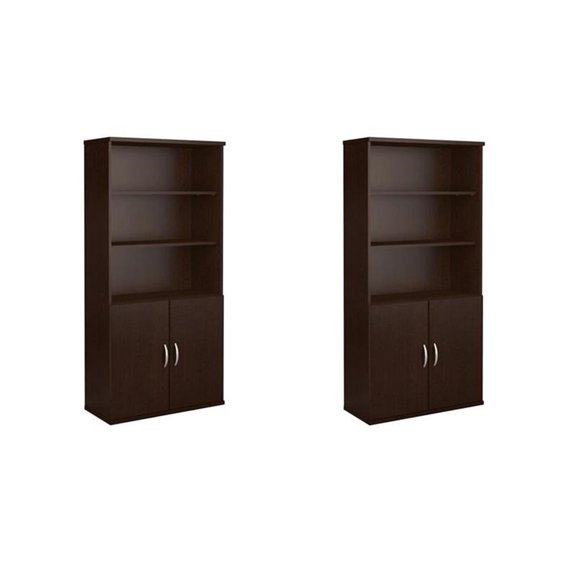 Pemberly Row Set of 2 36W 5-Shelf Bookcases with Doors in Mocha Cherry