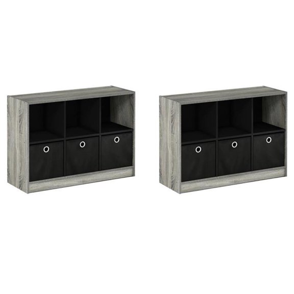 Pemberly Row Set of 2 3x2 Bookcases Storage with Bins in French Oak Gray/Black