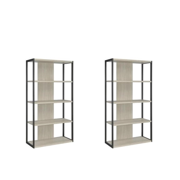 Pemberly Row Set of 2 4-Shelf Modern Wood Bookcases in Whitewashed Gray