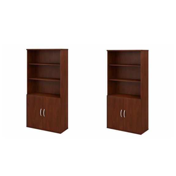 Pemberly Row Set of 2 5-Shelf Bookcases with Doors in Hansen Cherry