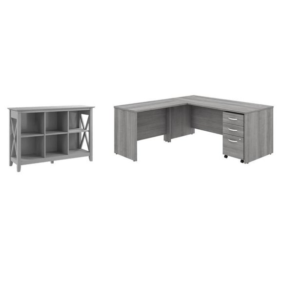 Pemberly Row Set of 2 6-Cube Bookcase & L-Shaped Desk with Mobile File Cabinet