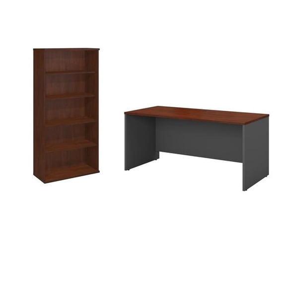 Pemberly Row Set of 2 60W Credenza Desk & 5-Shelf Bookcase in Hansen Cherry