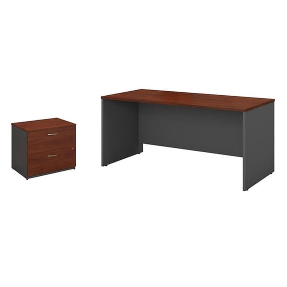 Pemberly Row Set of 2 60W Credenza Desk & Lateral File Cabinet in Hansen Cherry