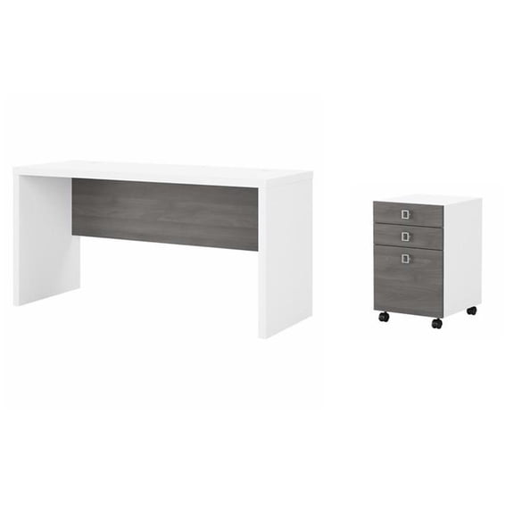 Pemberly Row Set of 2 60W Credenza Desk & Mobile File Cabinet in White & Gray