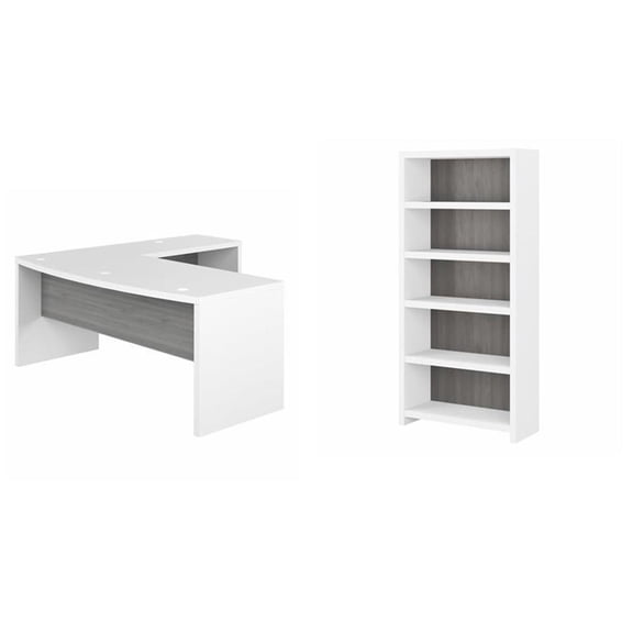 Pemberly Row Set of 2 Bow Front L-Shaped Desk & 5-Shelf Bookcase in White & Gray