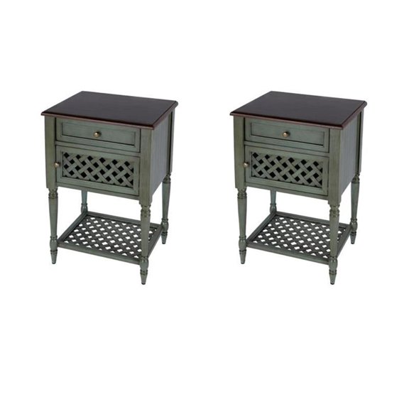 Pemberly Row Set of 2 Contemporary Rustic Wood End Tables in Green