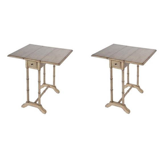 Pemberly Row Set of 2 Drop-Leaf Wood Side Tables In Antique Beige