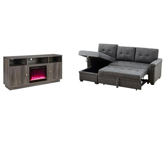 Pemberly Row Set of 2 Fireplace TV Console and Reversible Sleeper Sofa