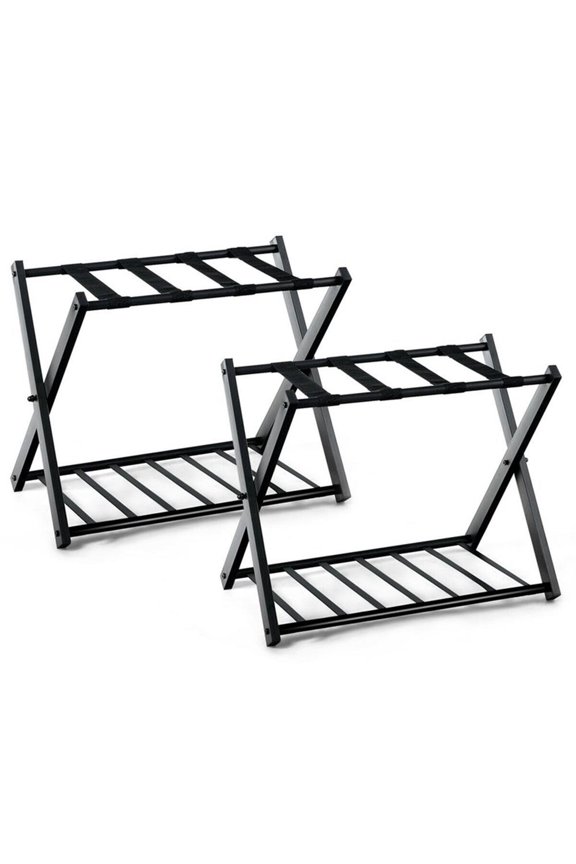 Set of 2 Folding Metal Luggage Rack Suitcase Shoe Holder Black