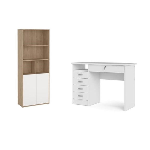 Pemberly Row Set of 2 Home Computer Office Desk & 6-Shelf Adjustable Bookcase