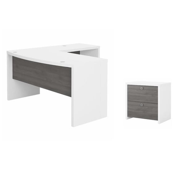 Pemberly Row Set of 2 L-Shape Bow Front Desk & Lateral File Cabinet - White/Gray