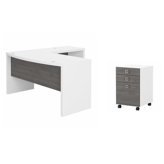 Pemberly Row Set of 2 L-Shaped Bow Front Desk & Mobile File Cabinet - White/Gray