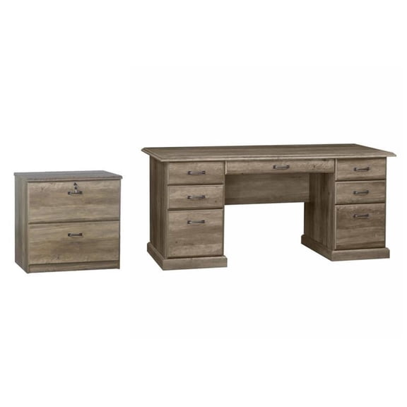 Pemberly Row Set of 2 Lateral Filing Cabinet & Executive Desk in Rustic Oak