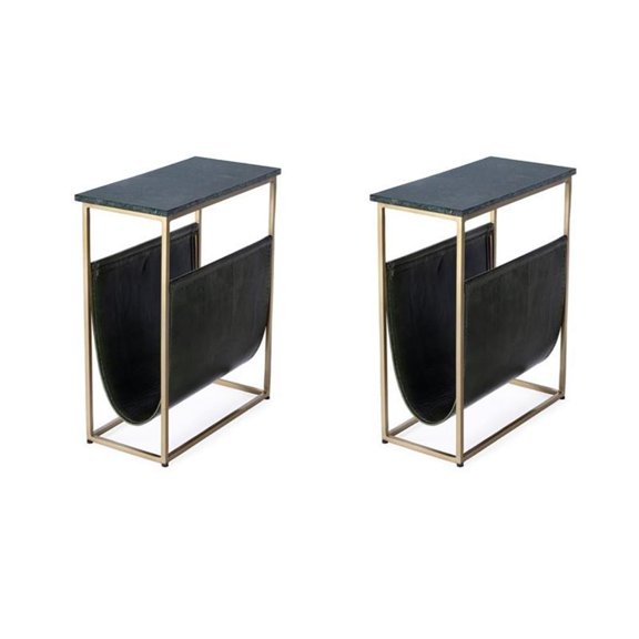 Pemberly Row Set of 2 Marble & Leather Magazine Side Tables in Green