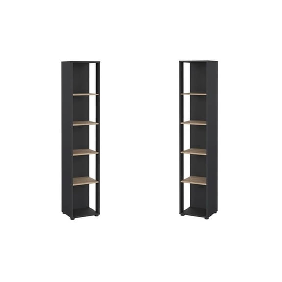 Pemberly Row Set of 2 Open Storage 5-Shelf Bookcases - Gray / Jackson Hickory