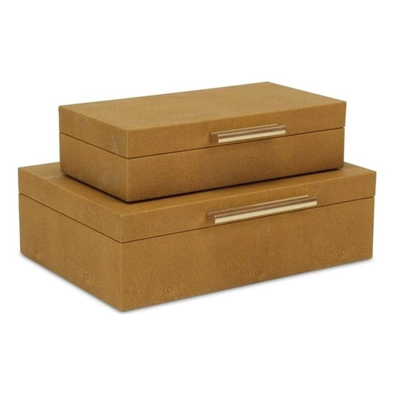 Pemberly Row Set of 2 Rectangular Box Set in Camel Brown Faux Shagreen