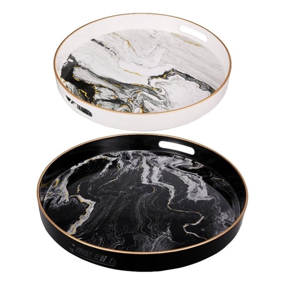 Pemberly Row Set of 2 Round Accent Trays Marbling Black White