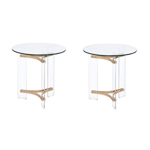 Pemberly Row Set of 2 Round red Glass Top End Tables in Clear and Gold