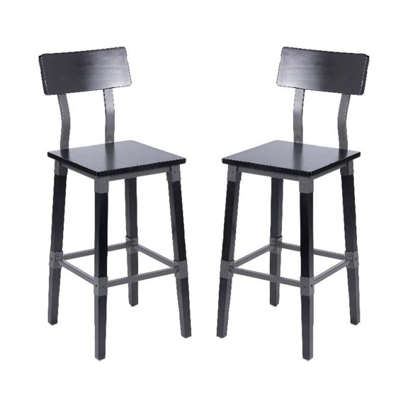 Pemberly Row Set of 2 Rustic Black Industrial Style Wood Dining Barstools