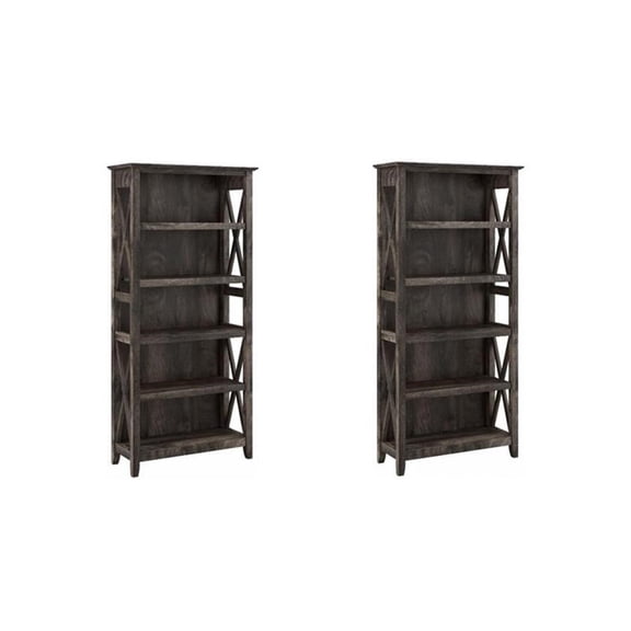 Pemberly Row Set of 2 Tall 5-Shelf Bookcases in Dark Gray Hickory