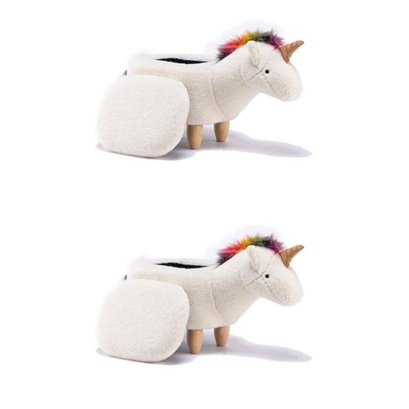 Pemberly Row Set of 2 The Unicorn Fabric Storage Ottoman/Stool in White/Natural