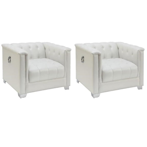 Pemberly Row Set of 2 Upholstered Track Arm Accent Chairs in Pearl White