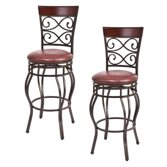 Pemberly Row Set of 2 Vintage Bar Stools Swivel Padded Seat Bistro Pub Brown