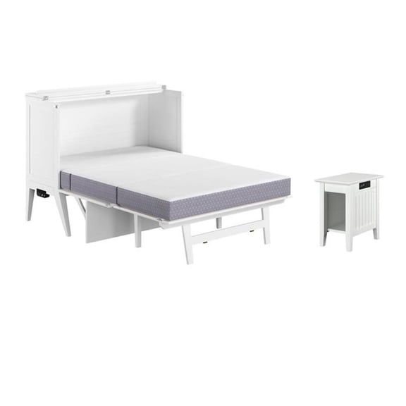 Pemberly Row Set of 2 White Full Size Murphy Bed Desk with Mattress & Side Table