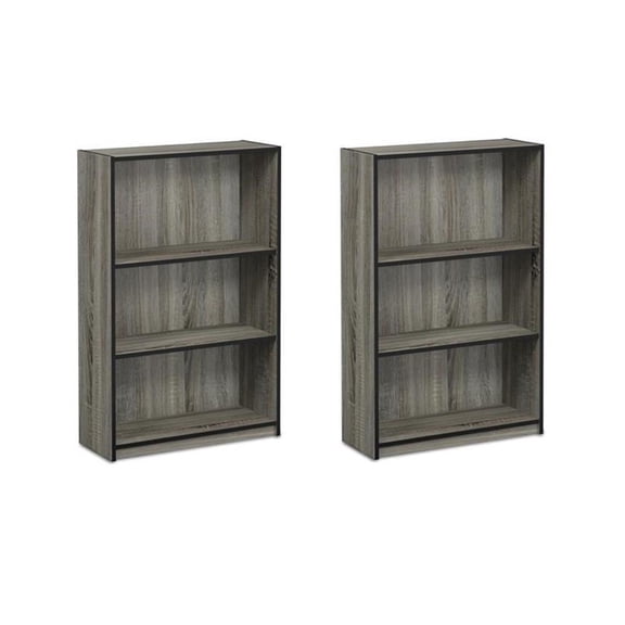 Pemberly Row Set of 2 Wood 3-Tier Adjustable Shelf Bookcases in French Oak Gray