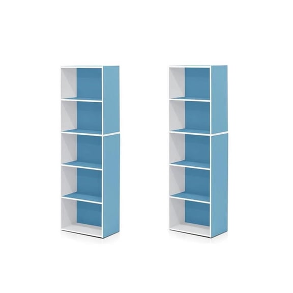 Pemberly Row Set of 2 Wood 5-Tier Reversible Open Shelf Bookcases in Blue